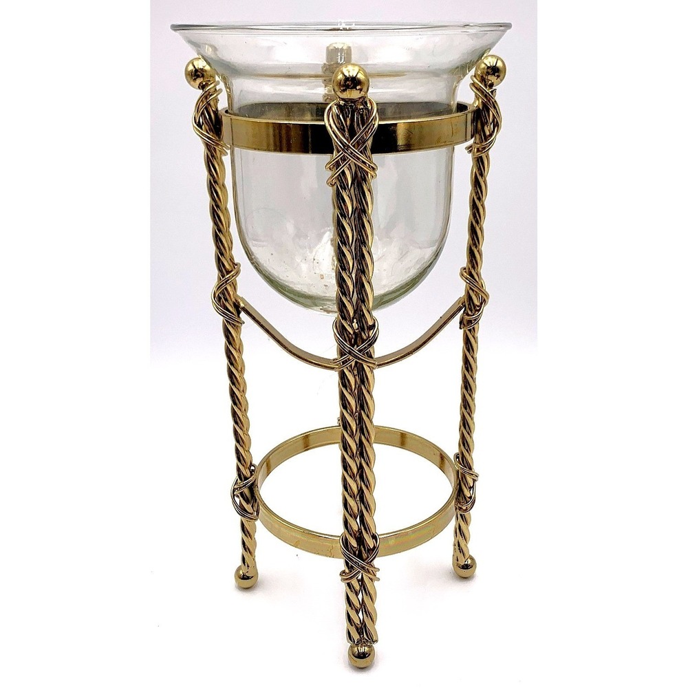 Vtg Brass Gold Ornate Twisted Metal Blown Glass Candle Plant Trinket Holder 11"